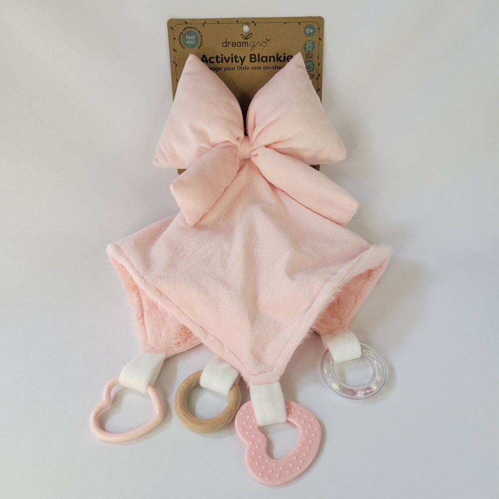 DreamGro Pink Bow Plush Lovey Coquette Blanket Baby  Activity Toy Teether Girly